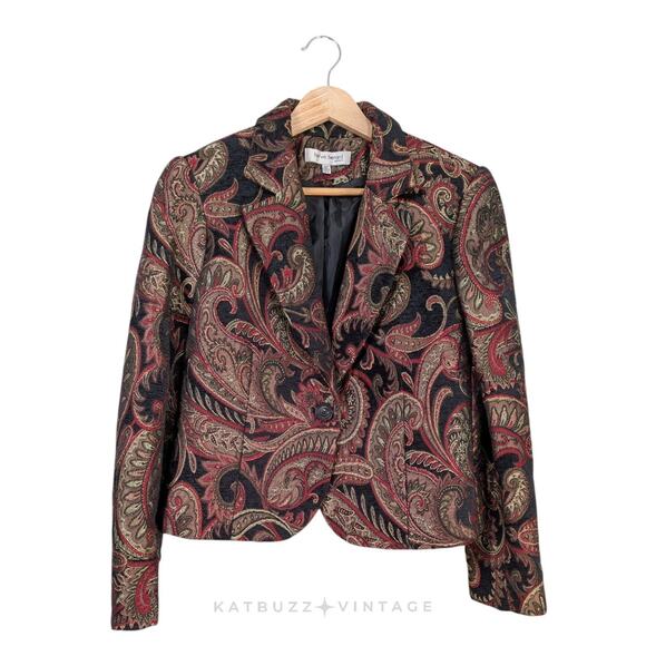 Tapestry Blazer Jacket 10P Black Red Y2K Whimsigoth Paisley Floral Romantic - Picture 1 of 10